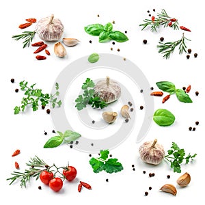 Set of fresh green herbs and spices isolated on white background, tomatoes, basil leaf, bay leaf, black pepper, rosemary, cardamom