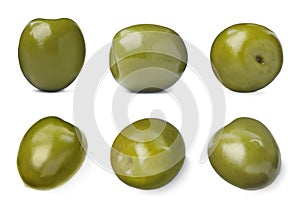 Set with fresh green olives on white background