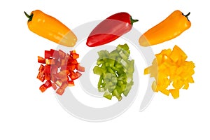 Set of fresh green, red and yellow mini peppers, whole and in cut  isolated on white. Fresh vegetable, healthy food