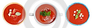 Set of fresh homemade tomato soup on white background, top view. Banner