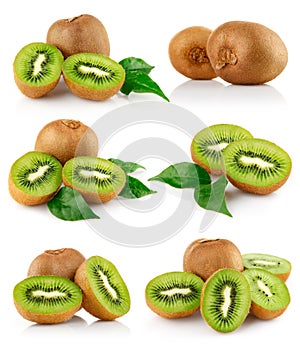 Set fresh kiwi fruits with green leaves