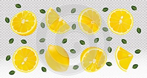 Set of fresh lemon with green leaves.Falling lemon on transparent background. Lemon rich in vitamins C. Flying lemon