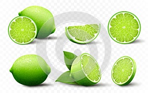 Set of fresh Lime. Whole, half, cut slice lime fruits isolated on transparent background. Summer citrus for healthy lifestyle.