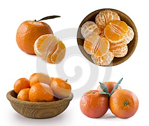 Set of fresh mandarins. Ripe and tasty tangerines isolated on white background. Clementines on a white background. Fresh tangerine