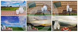 Set of Fresh milk in clear glass and milk jug on the reflective plank floor. Bright green grassland cows are walking freely and