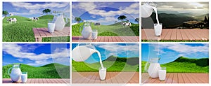 Set of Fresh milk in clear glass and milk jug on the reflective plank floor. Bright green grassland cows are walking freely and