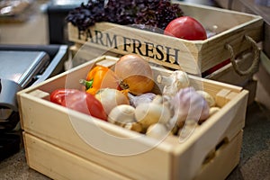 Set of fresh organic vegetables garlic, champignons, onion, tomatoes and peppers lie in wooden box close-up.Concept of