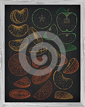 Set fresh peach fruit mandarin orange and apple. Chalk sketch