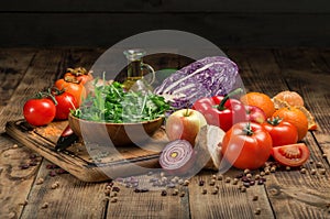 Set of fresh products for healthy food on wooden table
