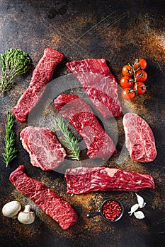 Set of fresh raw alternative beef steaks  flap flank Steak, machete steak or skirt cut, Top blade or flat iron beef and tri tip,