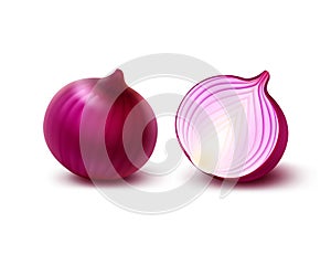 Set of Fresh Red Onion Bulbs on White Background