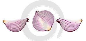Set of fresh red onion half with slices isolated on white background with clipping path
