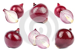 Set of fresh red onions on white