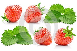 Set fresh red strawberry with green leaves