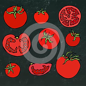 Set of Fresh Red Tomatoes. Half of Tomato, Slice of Tomato, Cherry Tomato. Isolated on a Black Chalkboard Background