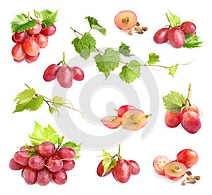 Set of fresh ripe grapes and leaves on white