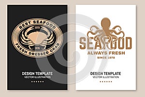 Set of fresh seafood retro poster, banner with dressed crab and octopus. Vector illustration. For seafood emblem, sign