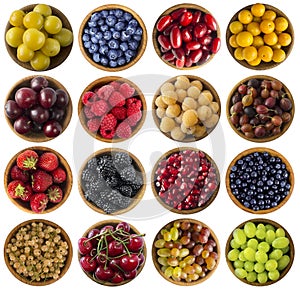 Set of fresh summer fruits and berries isolated on white. Collage of different colors fruits and berries on a white background.