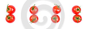 Set of fresh tomatoes, isolated on white background, top view. A group of tomatoes with leaves for salad. Tomatoes from the garden