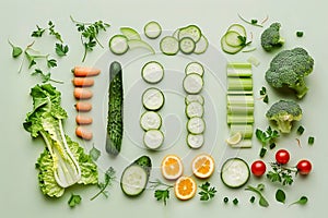 Set of fresh vegetables on green background