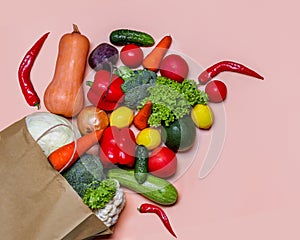 Un conjunto compuesto por fresco verduras en bolsa sobre el rosa 