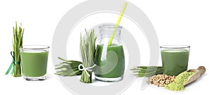Set of fresh wheat grass juice on background. Banner design