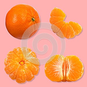 Set of fresh whole and cut mandarin, tangerine and slices isolated on pink background. From top view