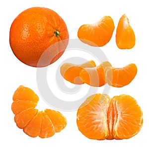 Set of fresh whole and cut mandarin, tangerine and slices isolated on white background. From top view