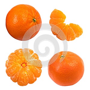 Set of fresh whole and cut mandarin, tangerine and slices isolated on white background. From top view