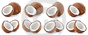 Set of fresh whole and half coconut on white background