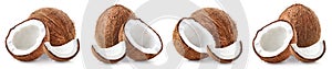 Set of fresh whole and half coconut on white background