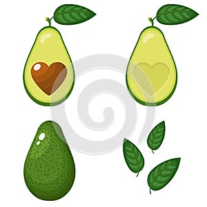 Set of fresh whole, half, cut slice and leaves avocado with heart isolated on white background. Summer fruits for healthy