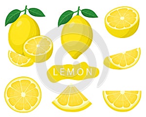 Set of fresh whole, half, cut slice lemon fruits isolated on white background. Summer fruits for healthy lifestyle. Organic fruit