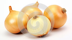 Set of fresh whole and sliced onions isolated on white background. AI Generative
