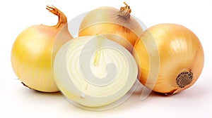 Set of fresh whole and sliced onions isolated on white background. AI Generative