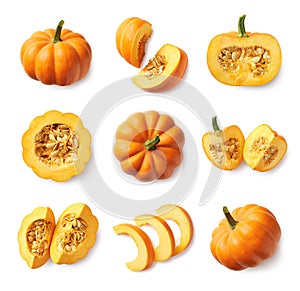 Set of fresh whole and sliced pumpkin