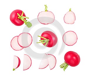 Set of fresh whole and sliced radish isolated on white background. Top view