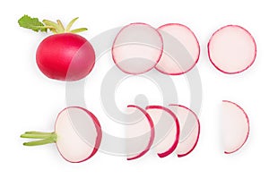 Set of fresh whole and sliced radish isolated on white background. Top view
