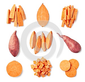 Set of fresh whole and sliced sweet potatoes