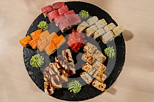 Set of the fresh yummi sushi rolls. Japanese seafood photo