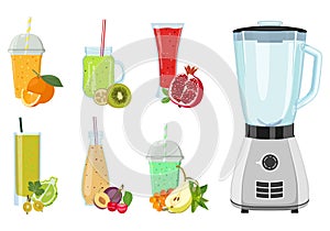 Set of freshly squeezed drinks in glasses and blender. Vector illustration