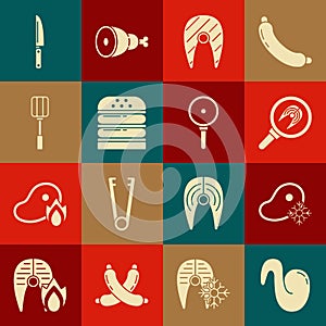 Set Fried chicken wing, Fresh frozen steak meat, Fish frying pan, Burger, Spatula, Knife and Frying icon. Vector