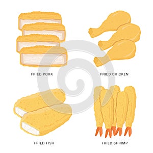 Set of Fried food isolated on white background. Cartoon Vector illustration