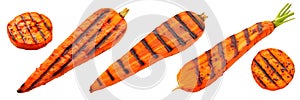 Set of fried halves of fresh carrots isolated on a white or transparent background. Grilled carrots close-up, side view