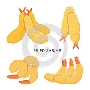 Set of Fried shrimps or Tempura isolated on a white background. Cartoon Vector illustration