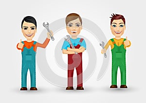 Set of friendly young plumbers