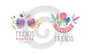 Set of Friends Forever Logo, Happy Friendship Hand Drawn Badges, Banner, Poster, Card, T-shirt Design Vector