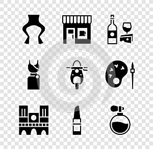 Set Frog legs, Coffee shop, Wine bottle with cheese, Notre Dame, Lipstick, Perfume, Woman dress and Scooter icon. Vector