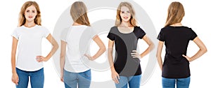 Set front and back views woman in white t-shirt and black t shirt isolated, girl tshirt