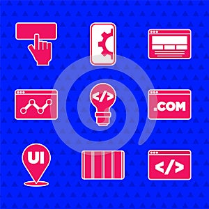 Set Front end development, Color palette guide, UI UX design, Website statistic, and Keyboard icon. Vector